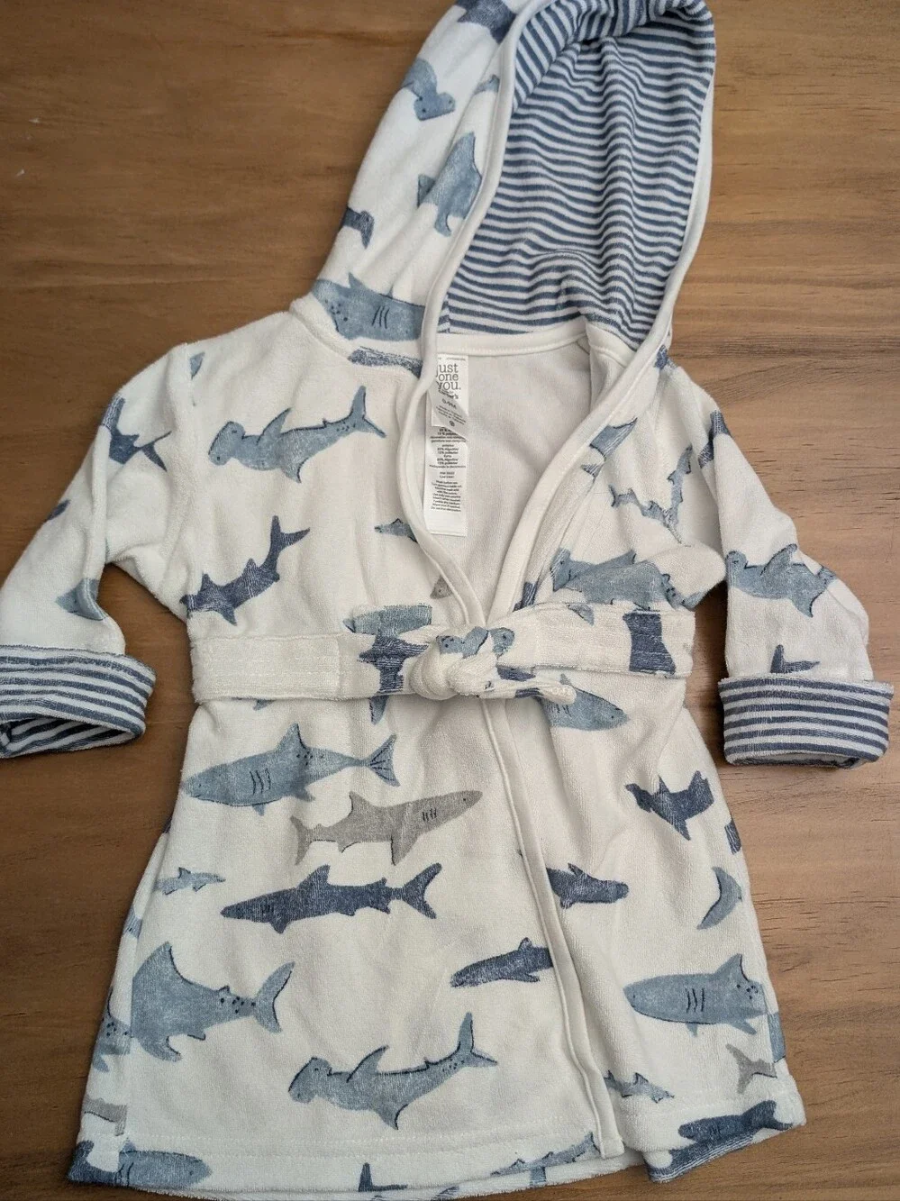 0-9 M Baby Hooded Bathrobe - Blue & White Shark Plush Robe w/ Tie Waist